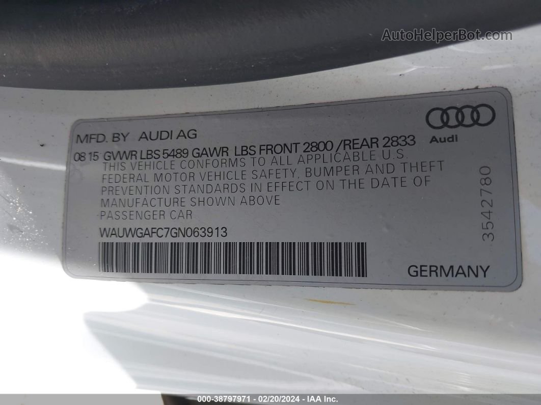 2016 Audi A7 3.0t Premium Plus White vin: WAUWGAFC7GN063913