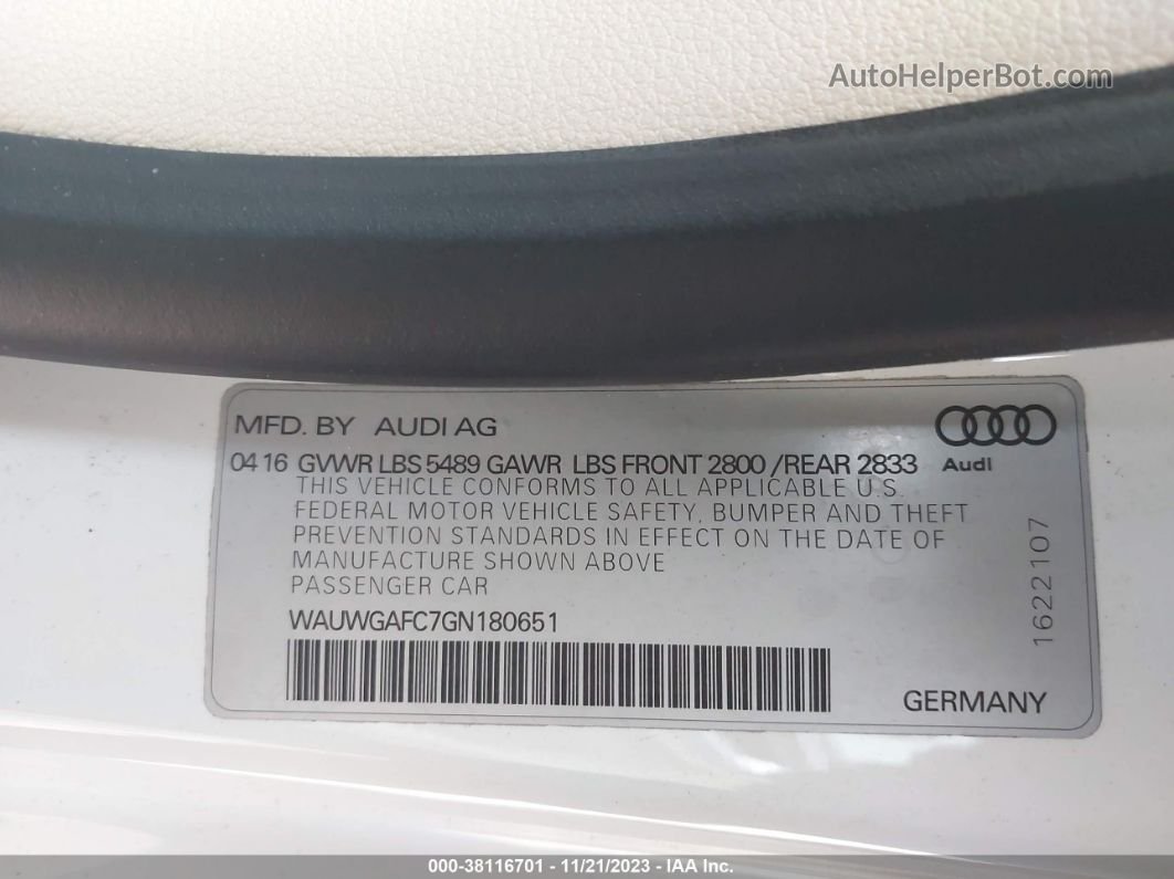 2016 Audi A7 3.0t Premium Plus Белый vin: WAUWGAFC7GN180651