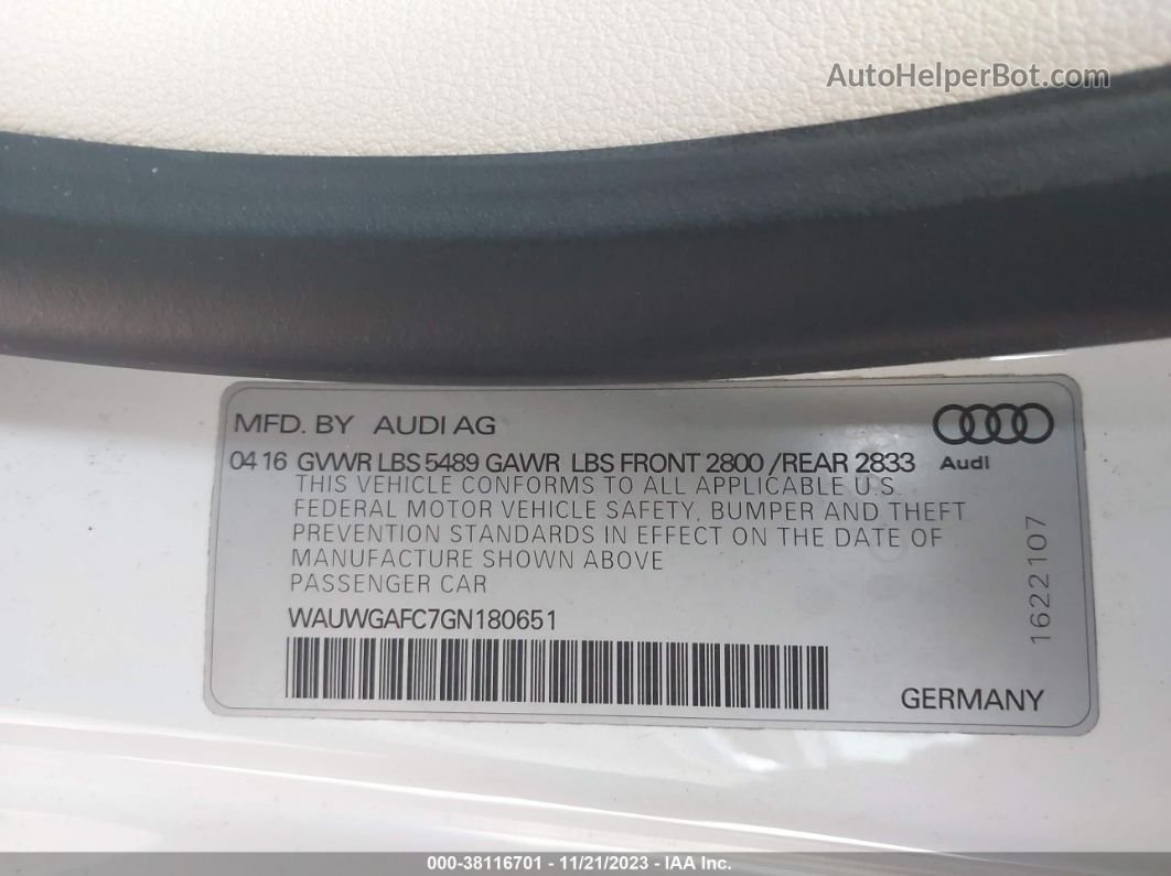 2016 Audi A7 3.0t Premium Plus White vin: WAUWGAFC7GN180651