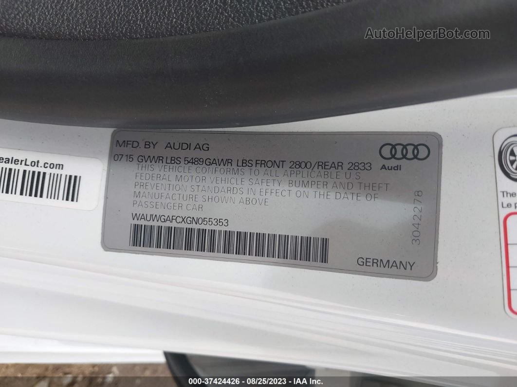 2016 Audi A7 3.0 Premium Plus White vin: WAUWGAFCXGN055353