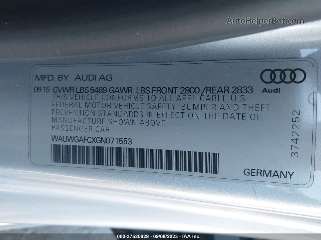 2016 Audi A7 3.0 Premium Plus Серебряный vin: WAUWGAFCXGN071553