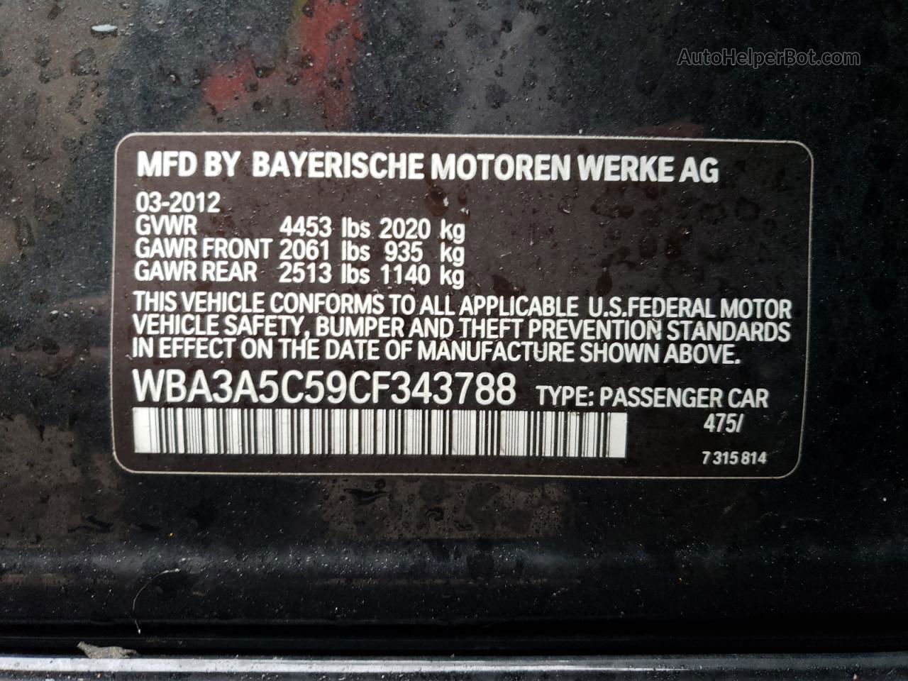 2012 Bmw 328 I Black vin: WBA3A5C59CF343788