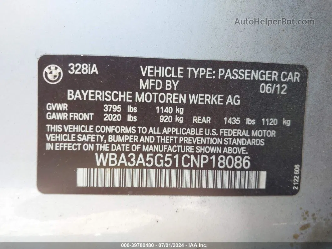 2012 Bmw 328i   Серебряный vin: WBA3A5G51CNP18086