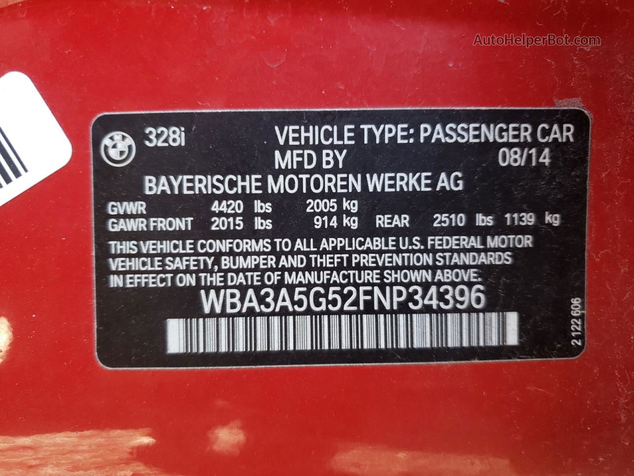 2015 Bmw 328 I Red vin: WBA3A5G52FNP34396