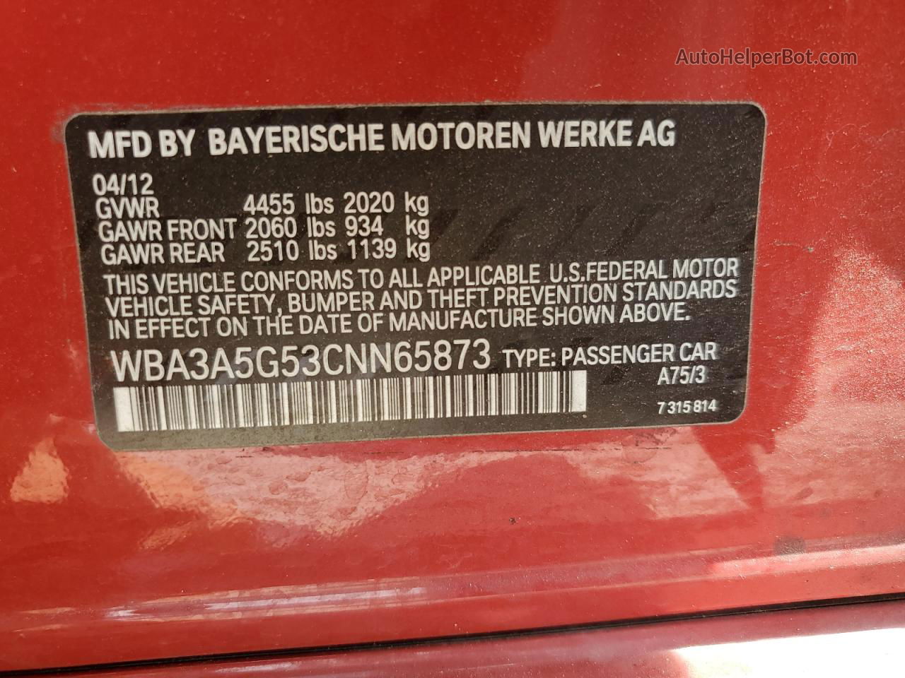 2012 Bmw 328 I Red vin: WBA3A5G53CNN65873