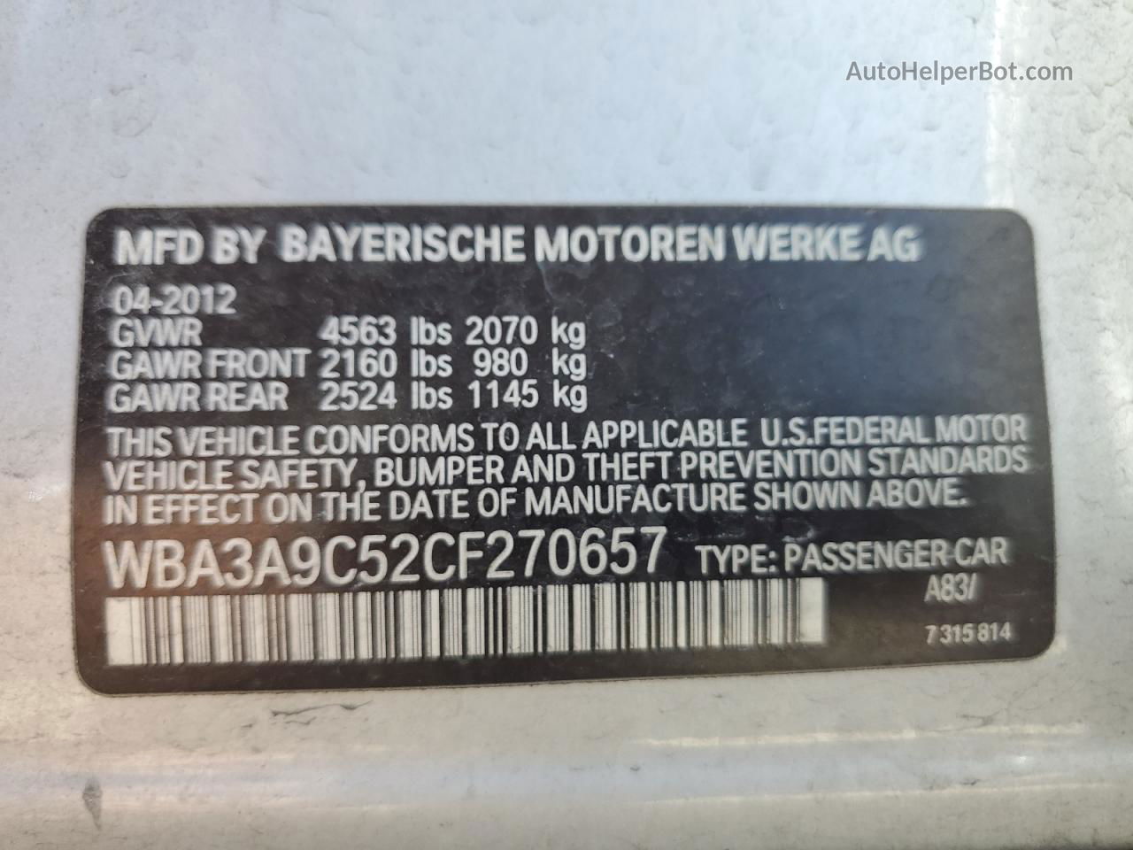 2012 Bmw 335 I Серебряный vin: WBA3A9C52CF270657