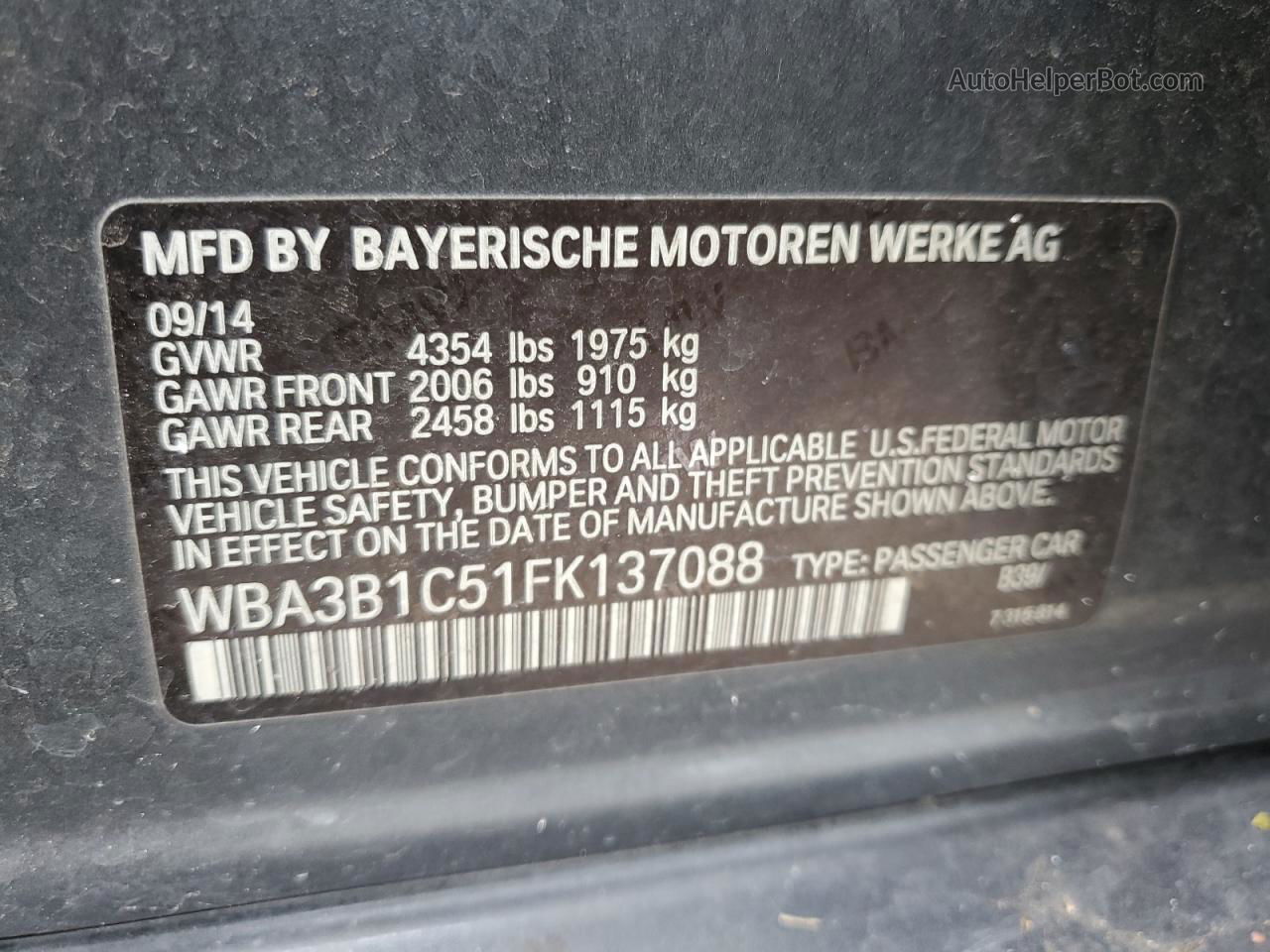 2015 Bmw 320 I Угольный vin: WBA3B1C51FK137088