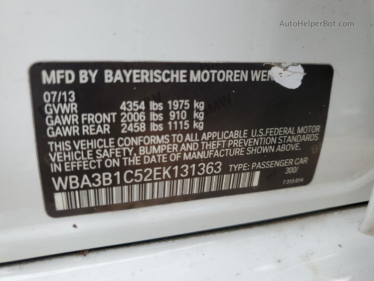 2014 Bmw 320 I Белый vin: WBA3B1C52EK131363