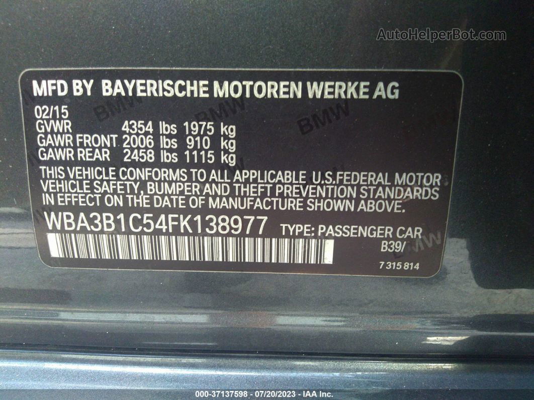 2015 Bmw 3 Series 320i Gray vin: WBA3B1C54FK138977