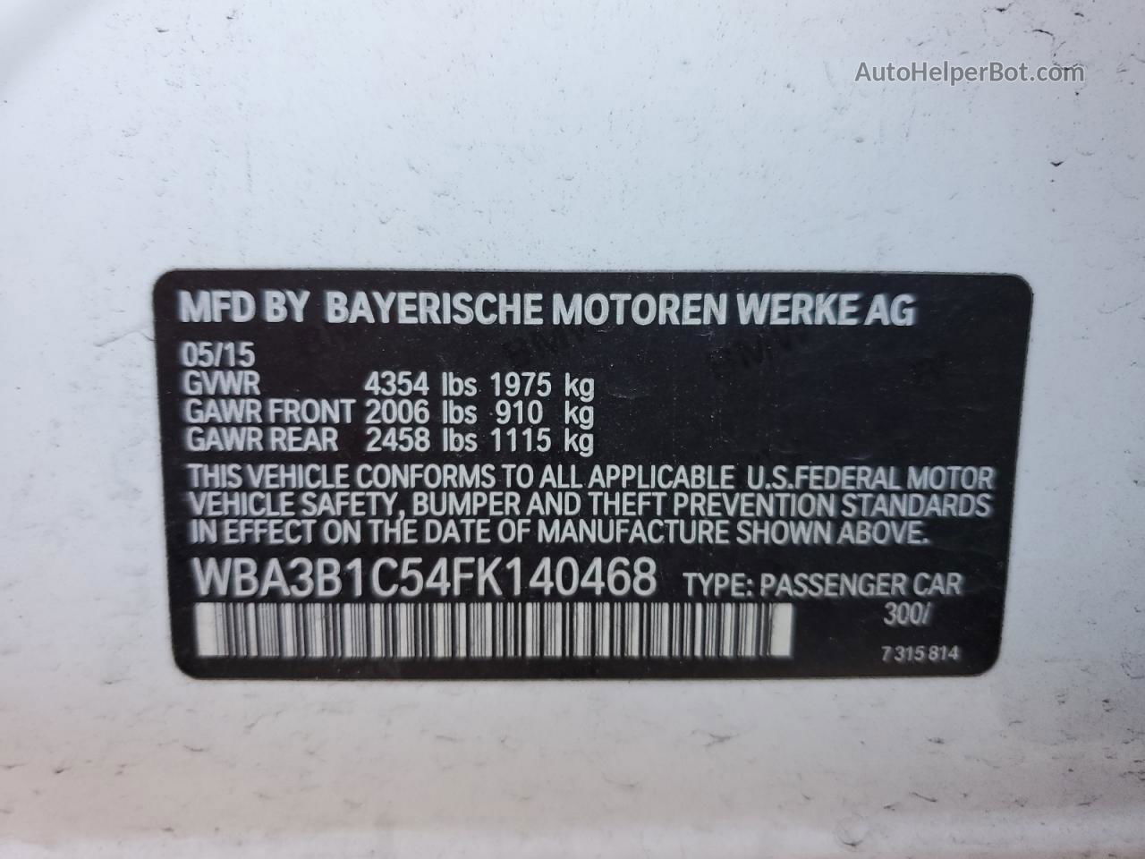 2015 Bmw 320 I White vin: WBA3B1C54FK140468