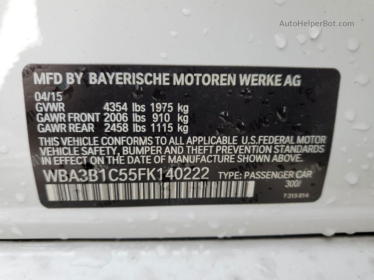 2015 Bmw 320 I White vin: WBA3B1C55FK140222