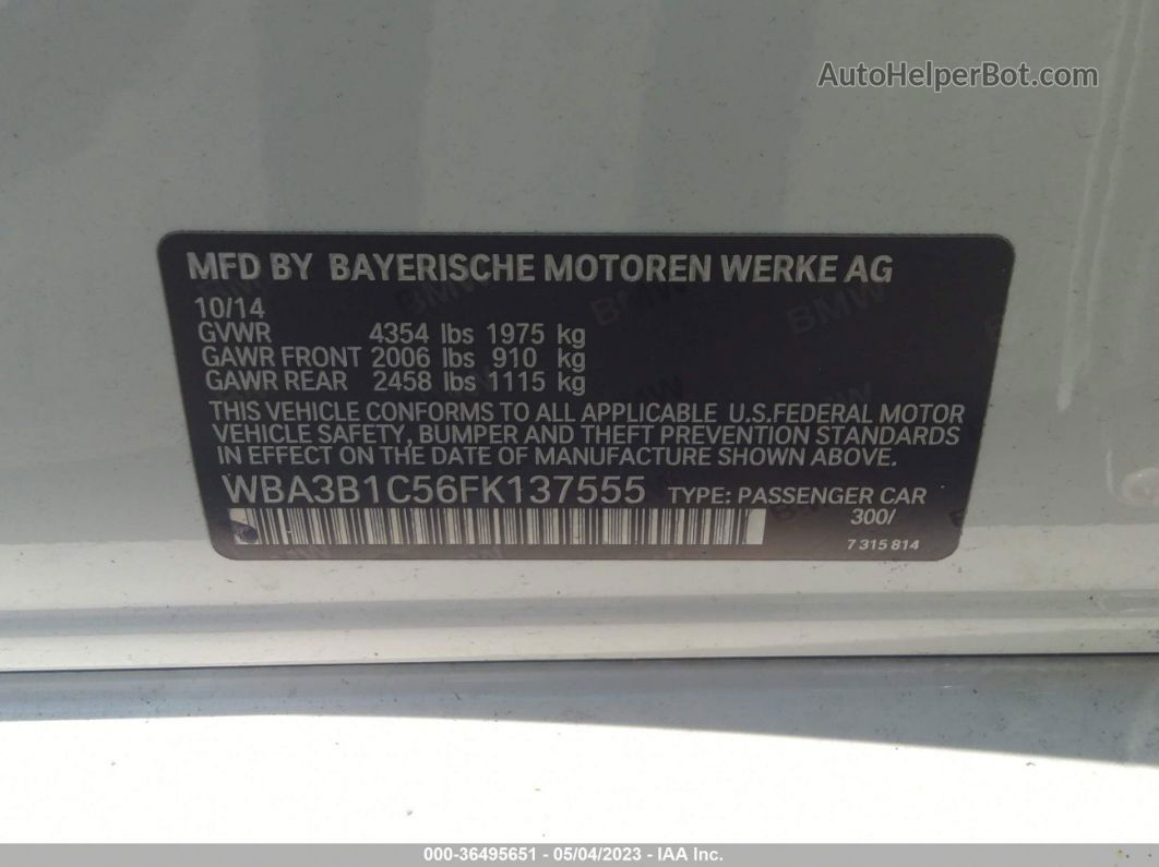 2015 Bmw 320i White vin: WBA3B1C56FK137555