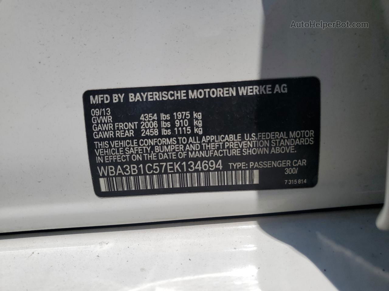 2014 Bmw 320 I White vin: WBA3B1C57EK134694