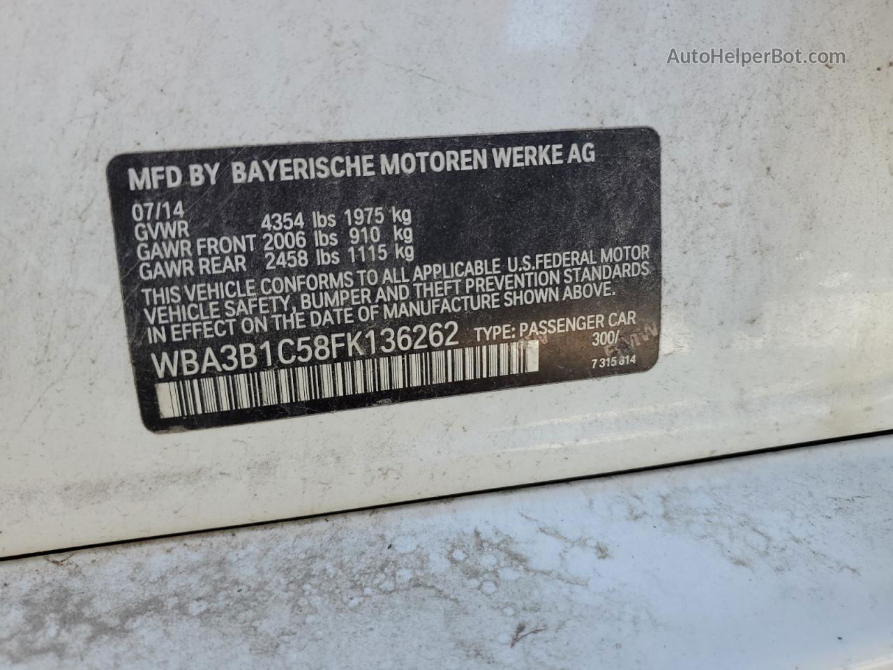 2015 Bmw 320 I White vin: WBA3B1C58FK136262