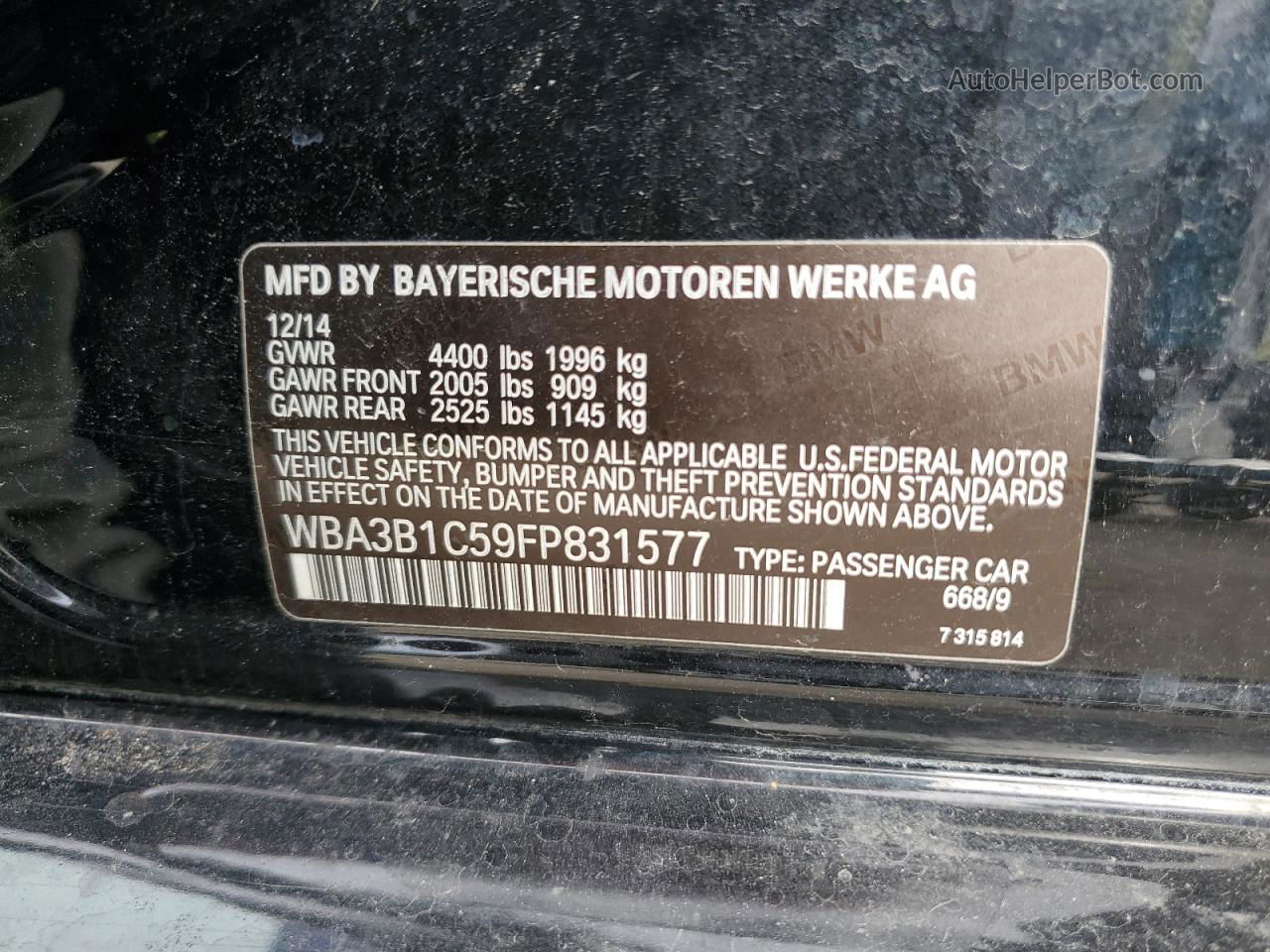 2015 Bmw 320 I Черный vin: WBA3B1C59FP831577