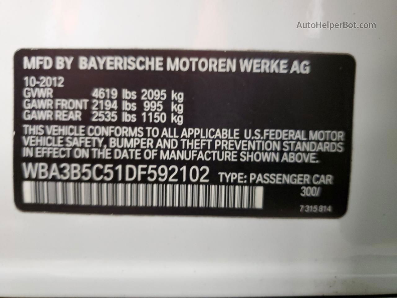 2013 Bmw 328 Xi Sulev White vin: WBA3B5C51DF592102