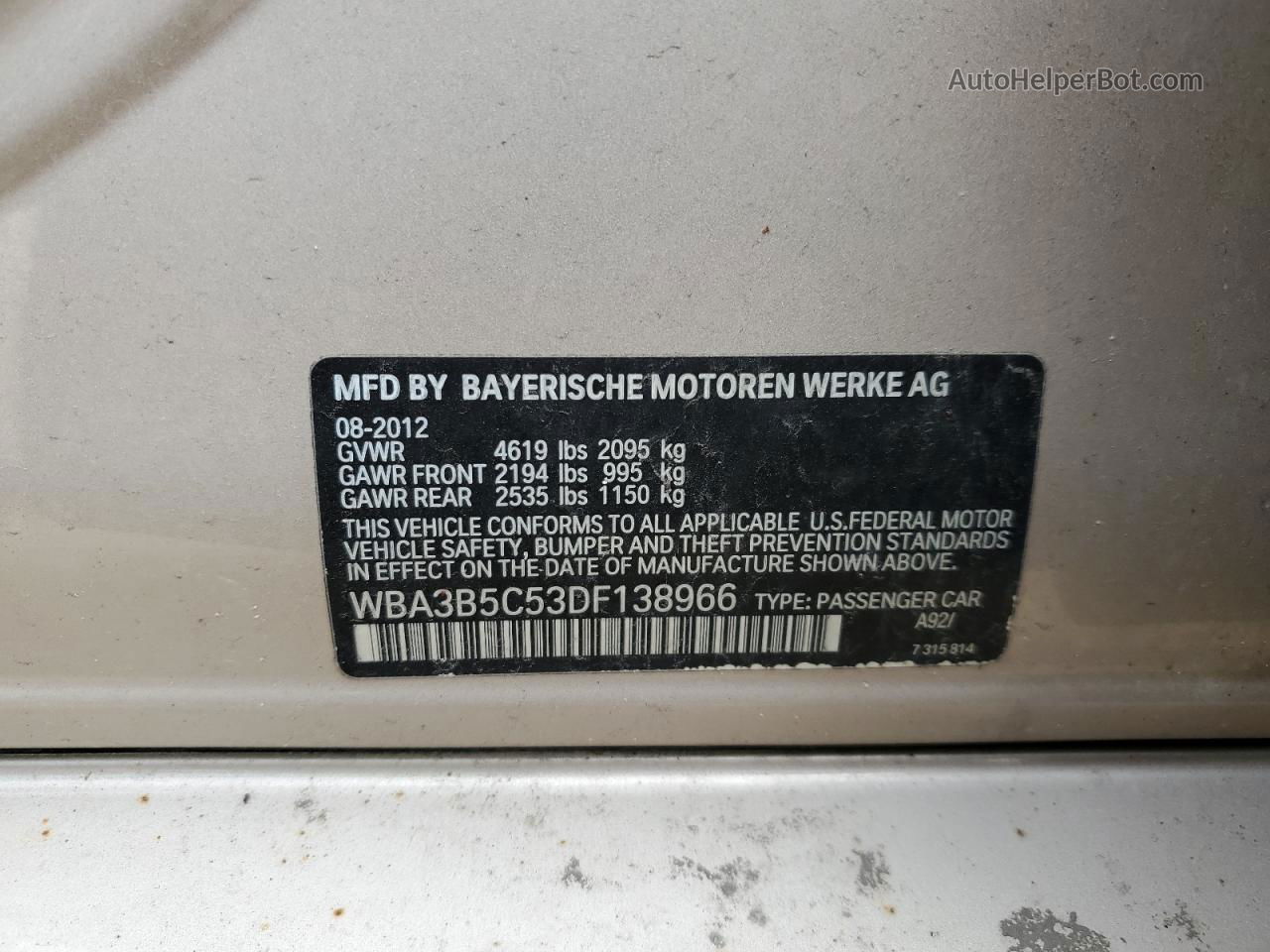 2013 Bmw 328 Xi Sulev Бежевый vin: WBA3B5C53DF138966