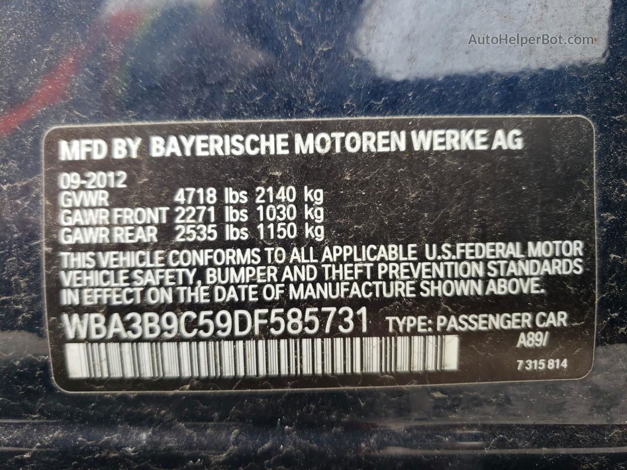 2013 Bmw 335 Xi Blue vin: WBA3B9C59DF585731