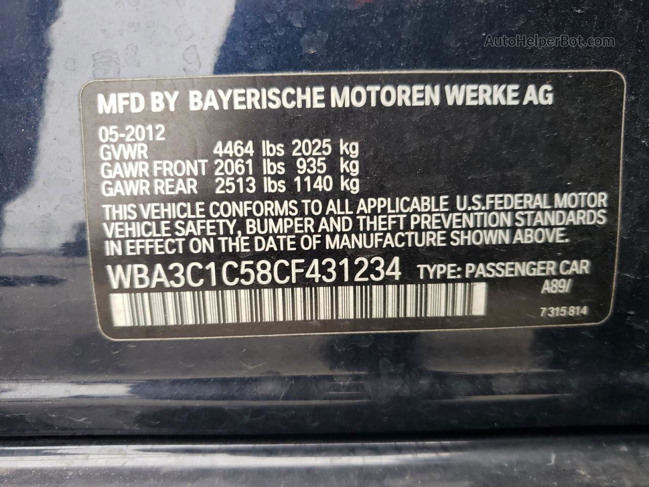 2012 Bmw 328 I Sulev Blue vin: WBA3C1C58CF431234