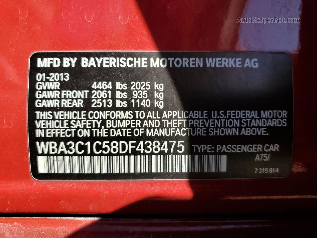 2013 Bmw 328 I Sulev Red vin: WBA3C1C58DF438475