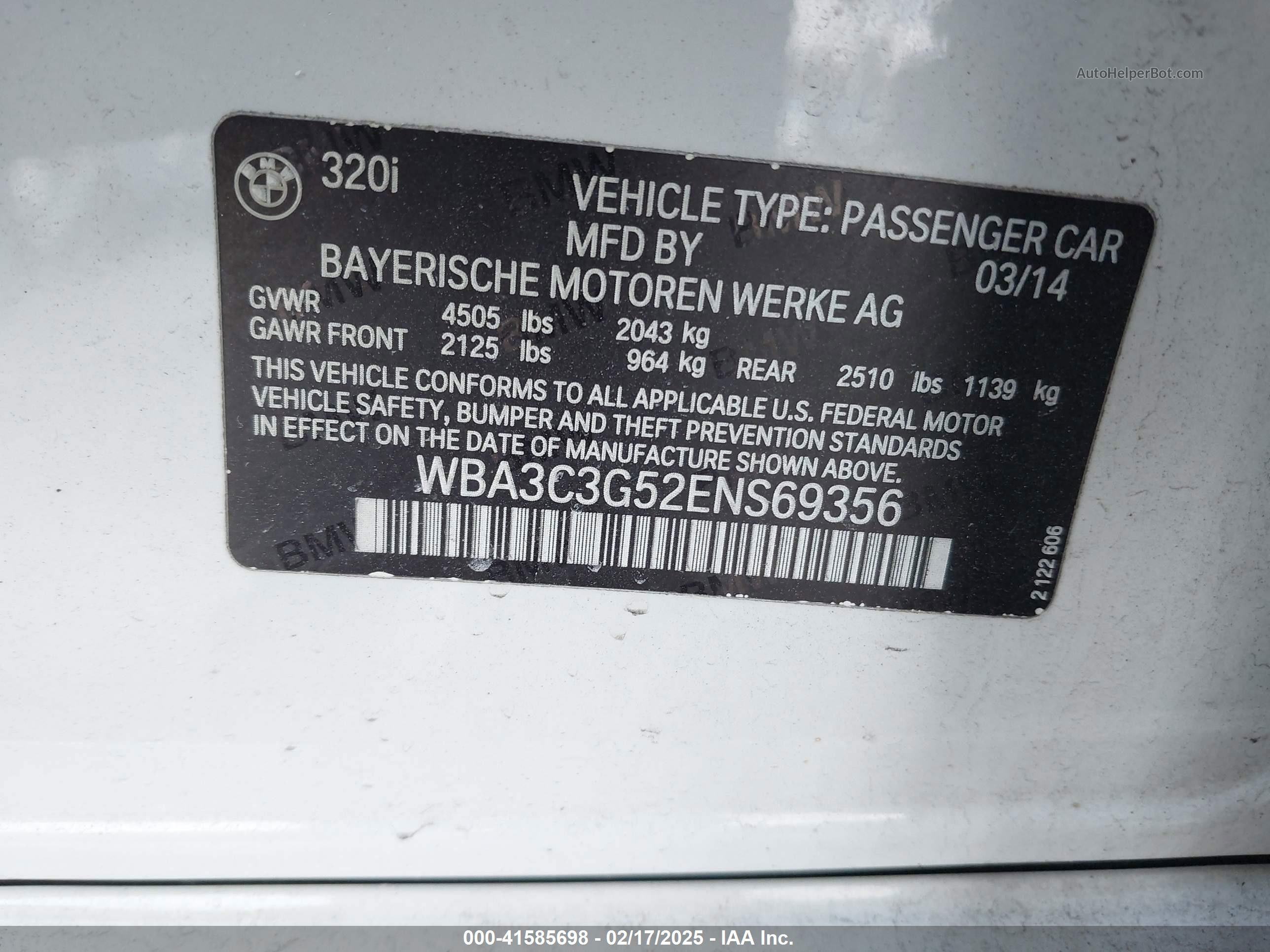 2014 Bmw 320i Xdrive White vin: WBA3C3G52ENS69356