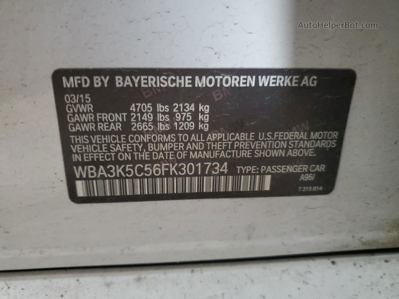 2015 Bmw 328 D Xdrive Белый vin: WBA3K5C56FK301734