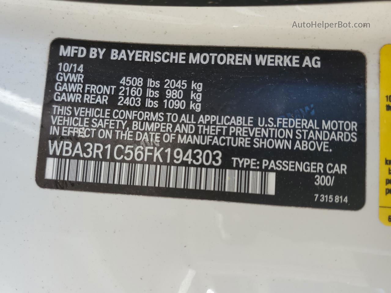 2015 Bmw 435 I White vin: WBA3R1C56FK194303