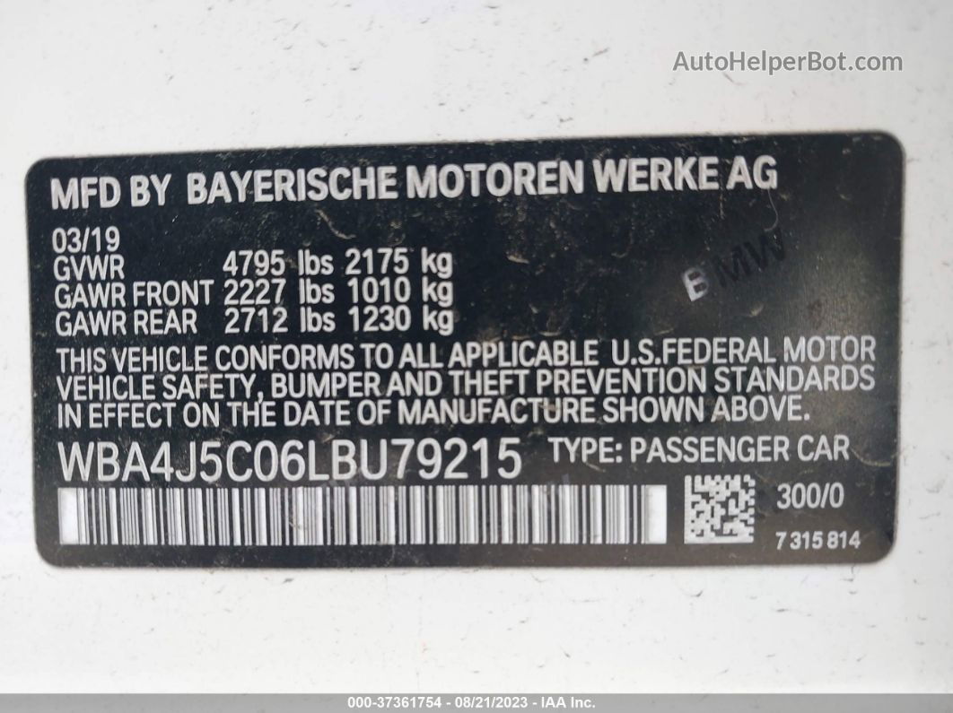 2020 Bmw 4 Series 440i White vin: WBA4J5C06LBU79215