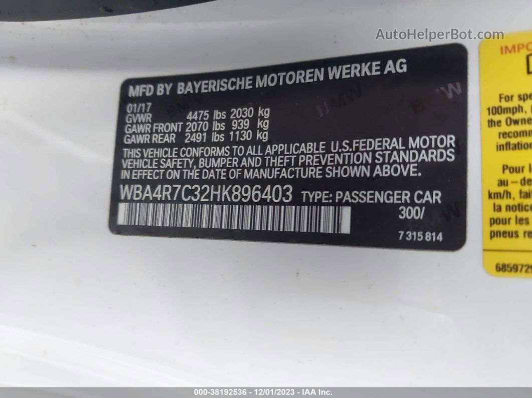 2017 Bmw 430i White vin: WBA4R7C32HK896403