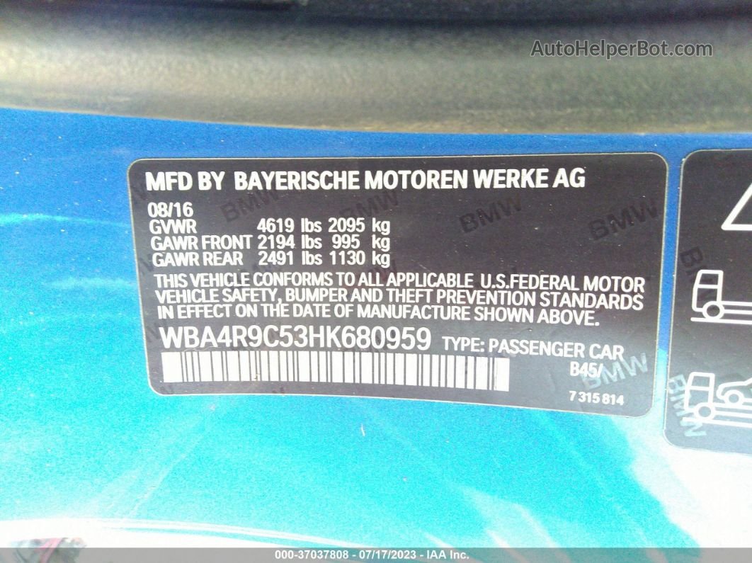 2017 Bmw 4 Series 430i Xdrive Синий vin: WBA4R9C53HK680959