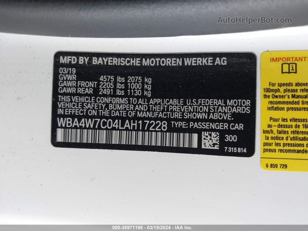 2020 Bmw 440i   White vin: WBA4W7C04LAH17228