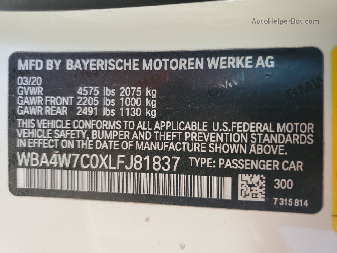 2020 Bmw 440i  White vin: WBA4W7C0XLFJ81837