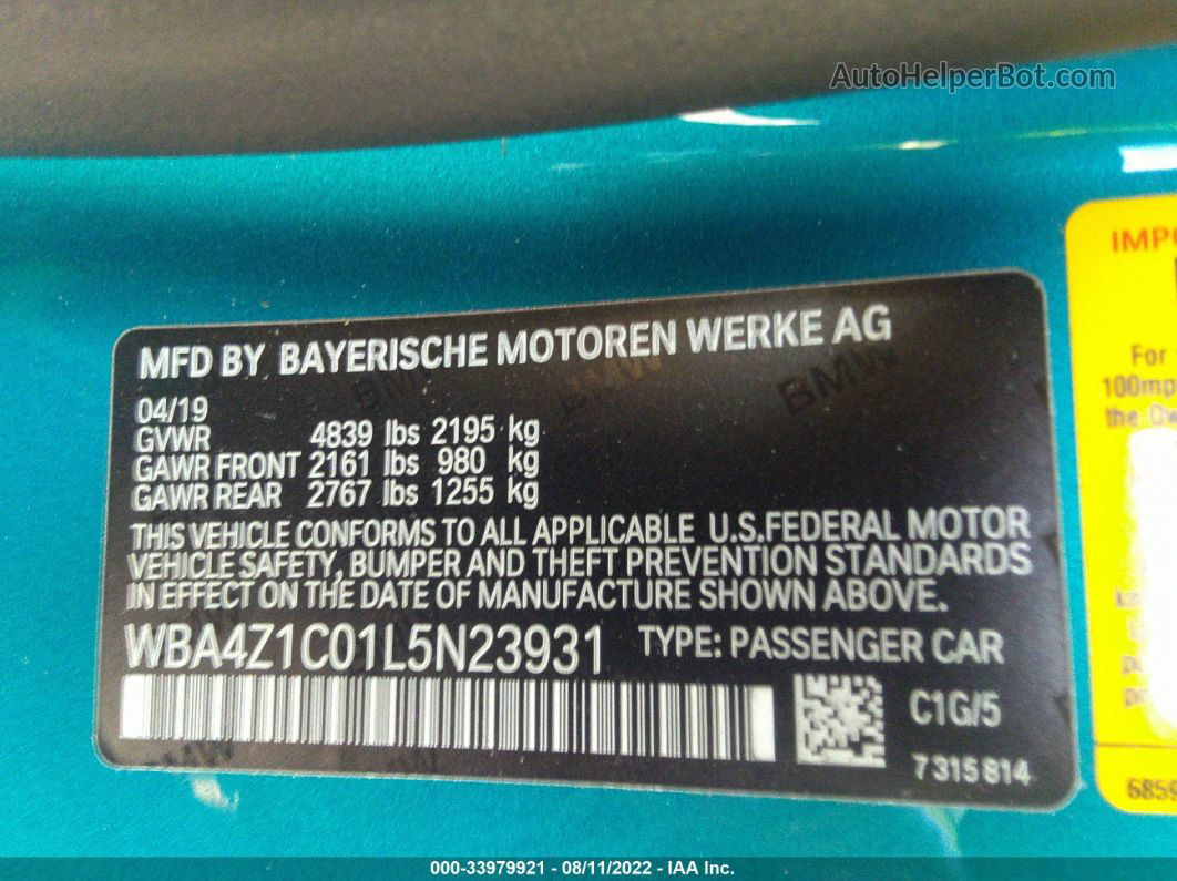 2020 Bmw 4 Series 430i Teal vin: WBA4Z1C01L5N23931