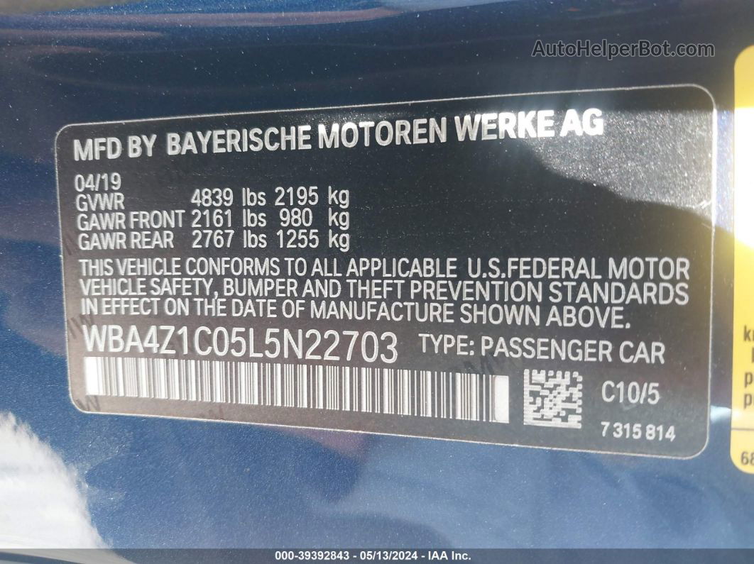 2020 Bmw 430i   Blue vin: WBA4Z1C05L5N22703