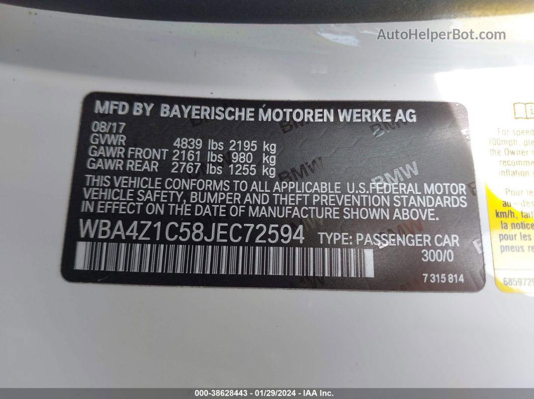 2018 Bmw 430i   White vin: WBA4Z1C58JEC72594