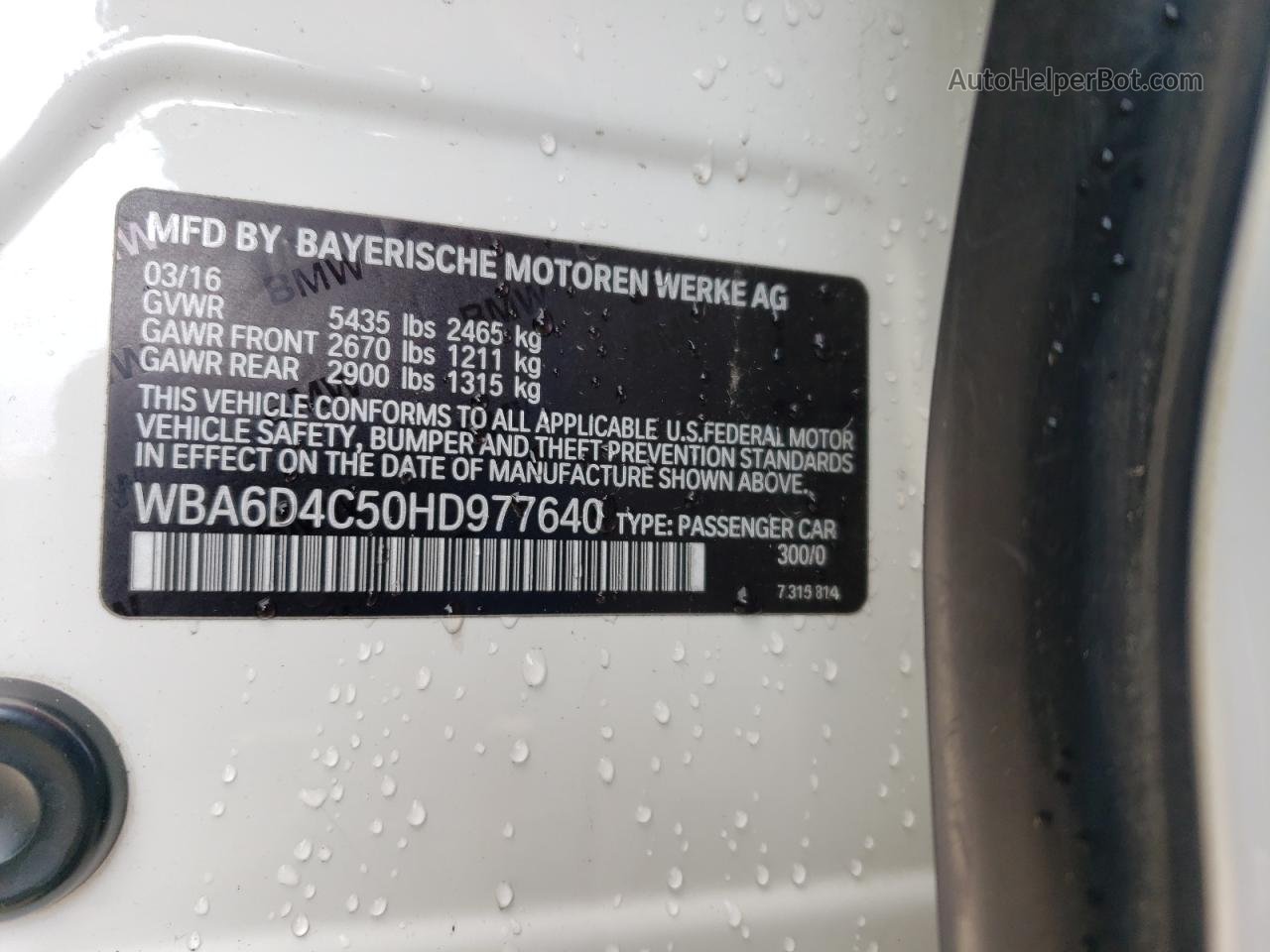 2017 Bmw 650 I Gran Coupe Белый vin: WBA6D4C50HD977640