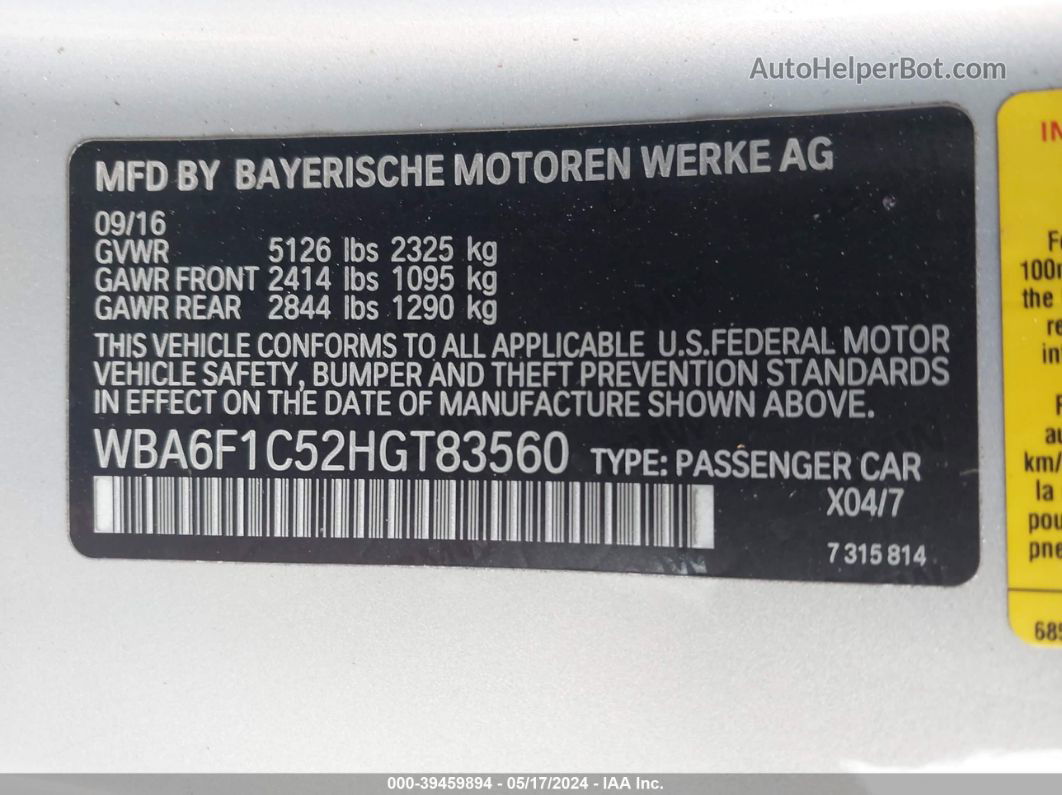 2017 Bmw 640i   Silver vin: WBA6F1C52HGT83560