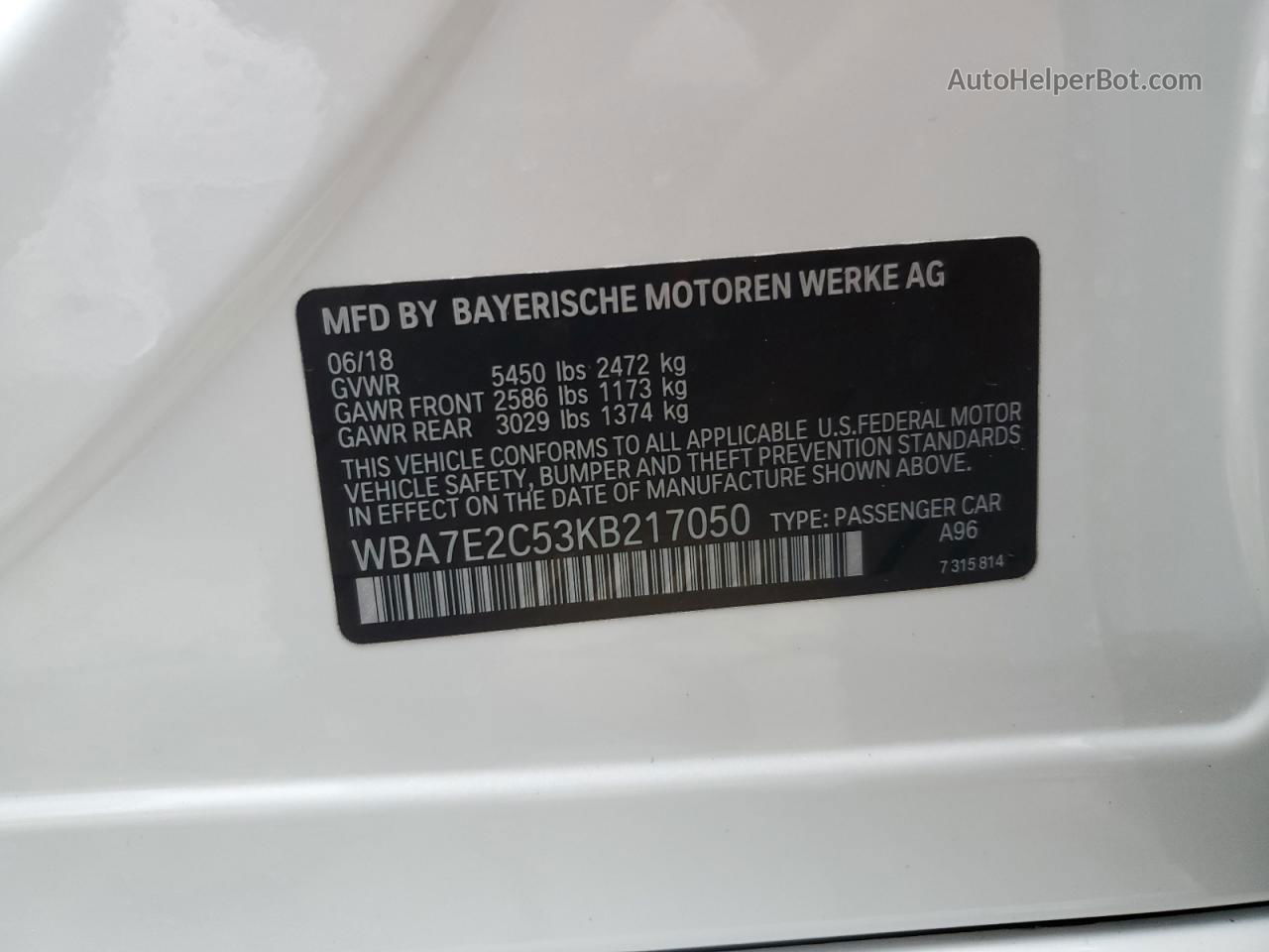 2019 Bmw 740 I White vin: WBA7E2C53KB217050