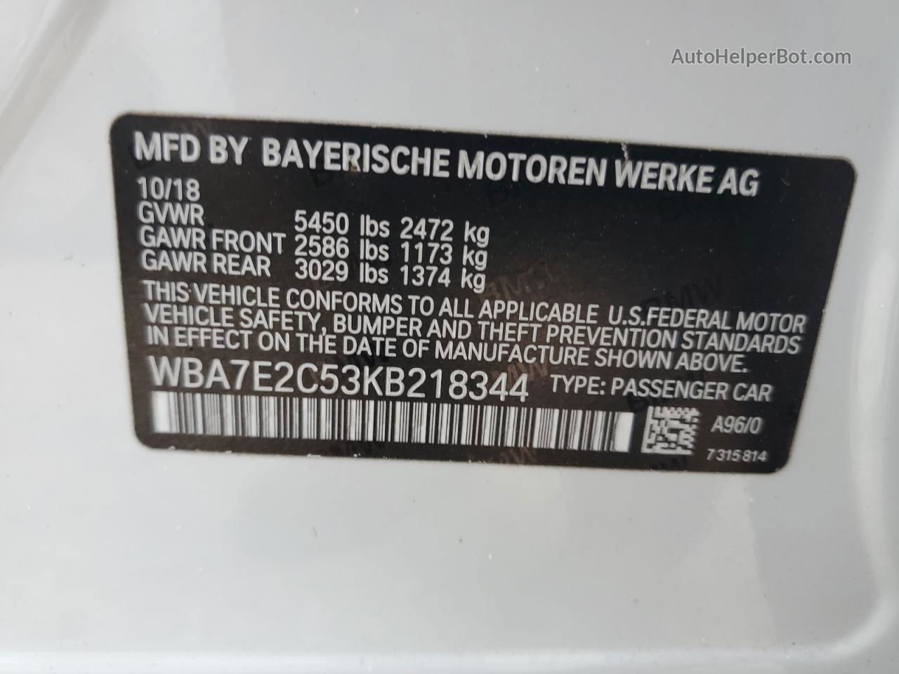 2019 Bmw 740 I White vin: WBA7E2C53KB218344