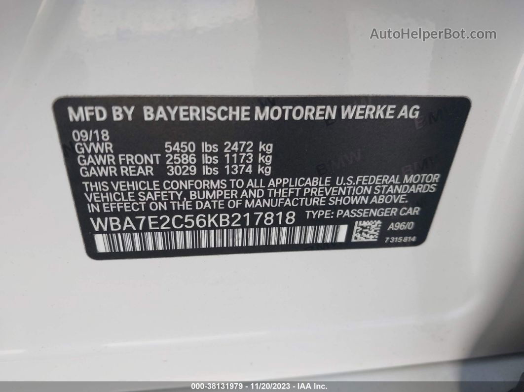 2019 Bmw 740i White vin: WBA7E2C56KB217818