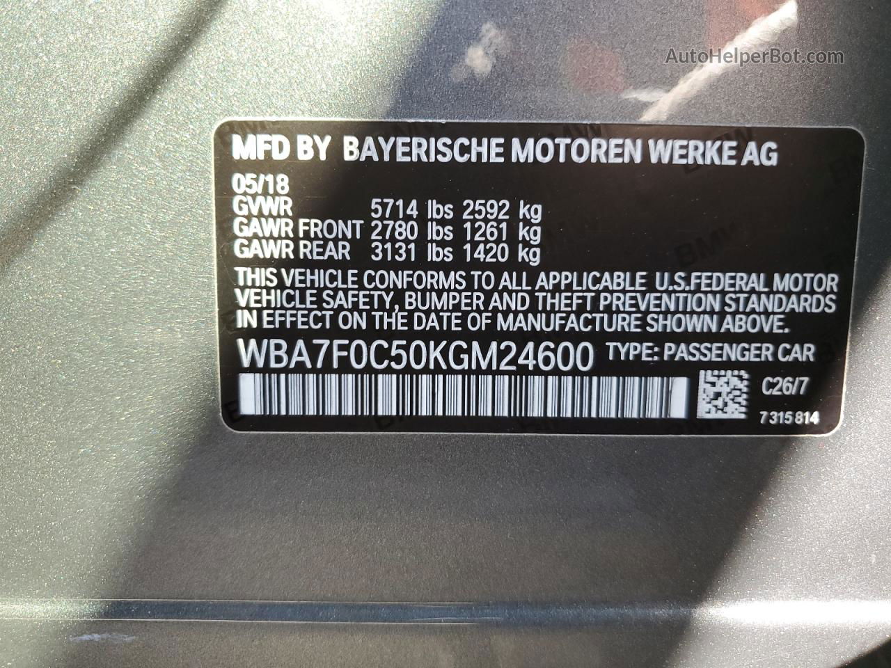 2019 Bmw 750 I Gray vin: WBA7F0C50KGM24600