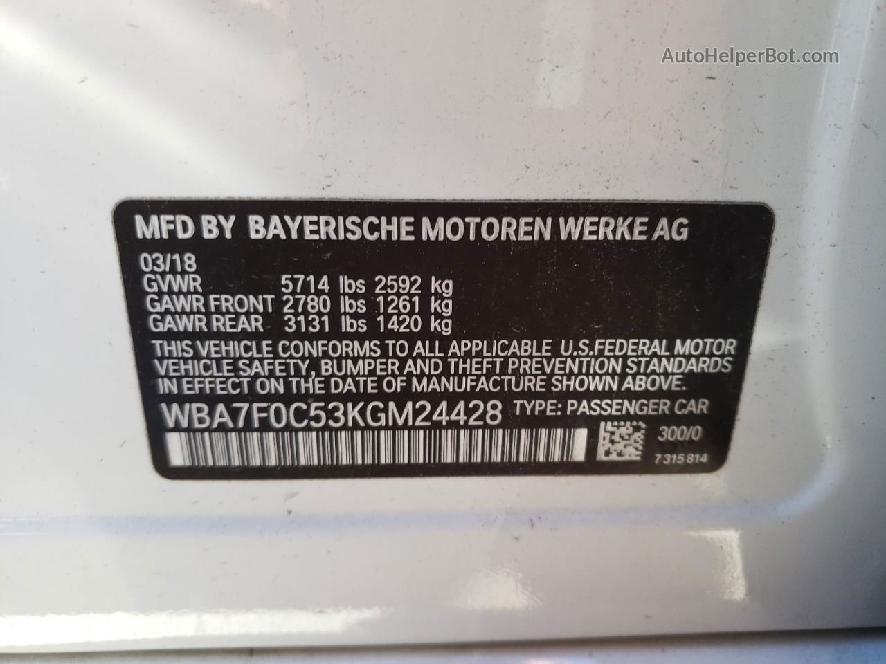 2019 Bmw 750 I White vin: WBA7F0C53KGM24428