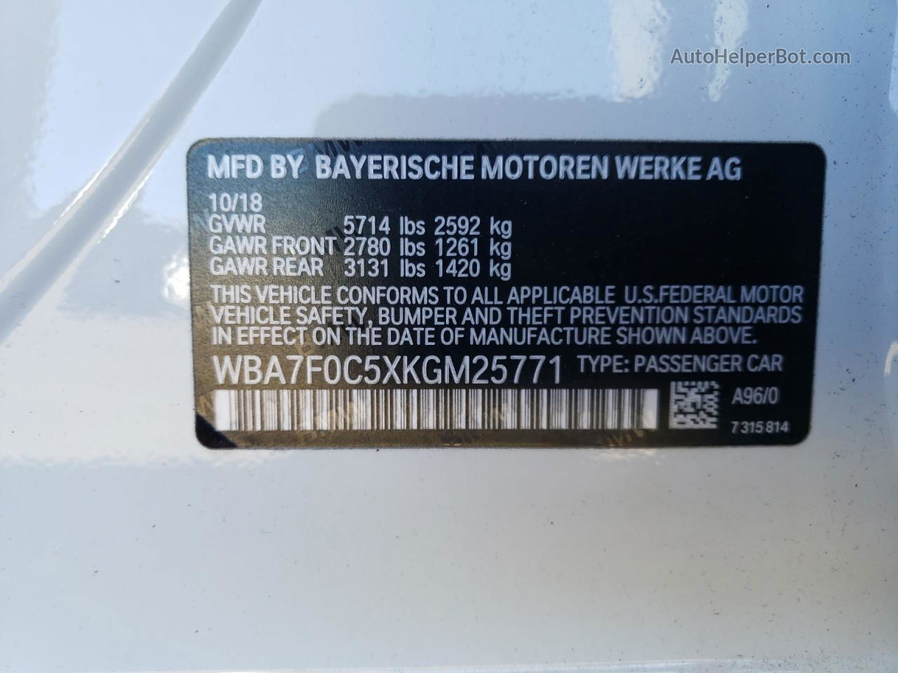 2019 Bmw 750 I White vin: WBA7F0C5XKGM25771