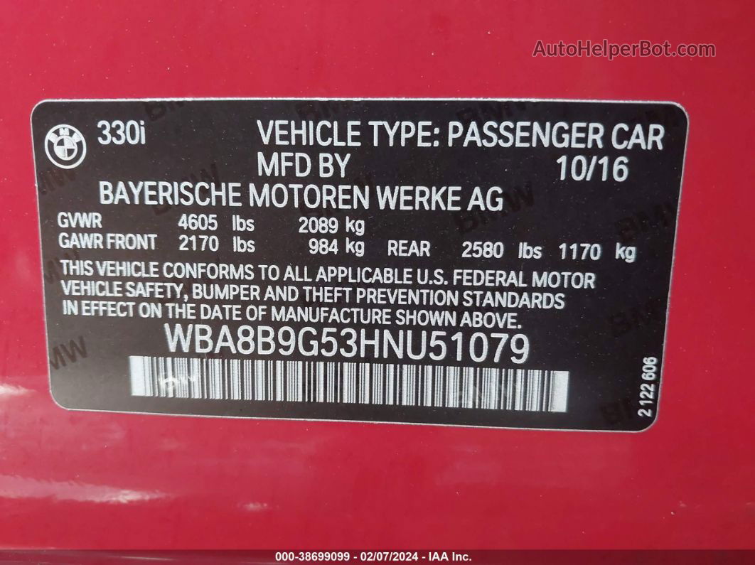 2017 Bmw 330i   Red vin: WBA8B9G53HNU51079