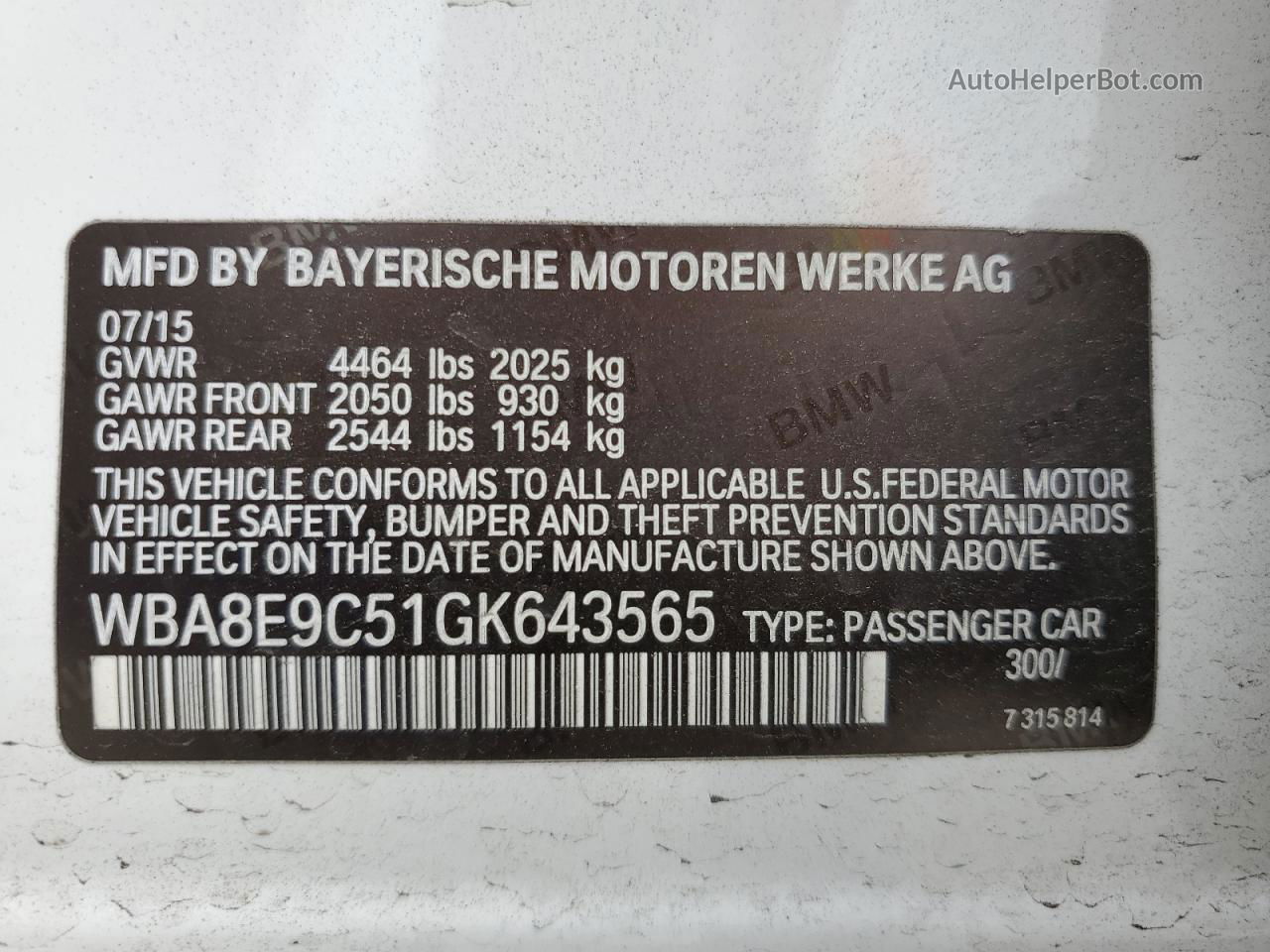 2016 Bmw 328 I Sulev Белый vin: WBA8E9C51GK643565