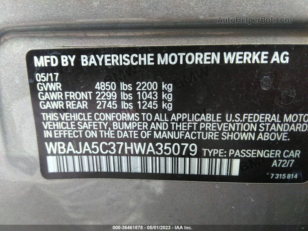 2017 Bmw 5 Series 530i Gray vin: WBAJA5C37HWA35079