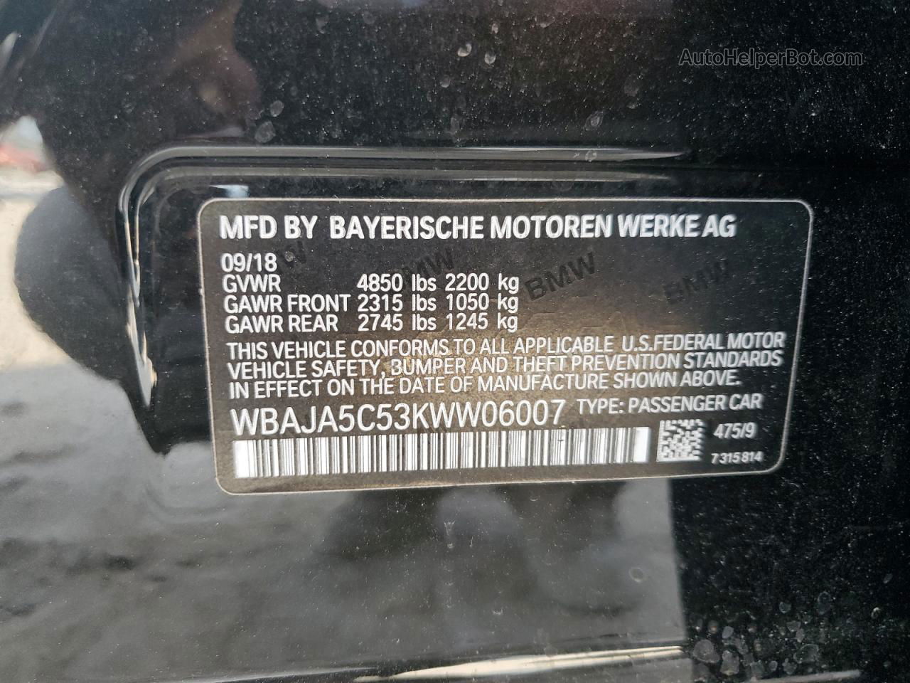 2019 Bmw 530 I Black vin: WBAJA5C53KWW06007