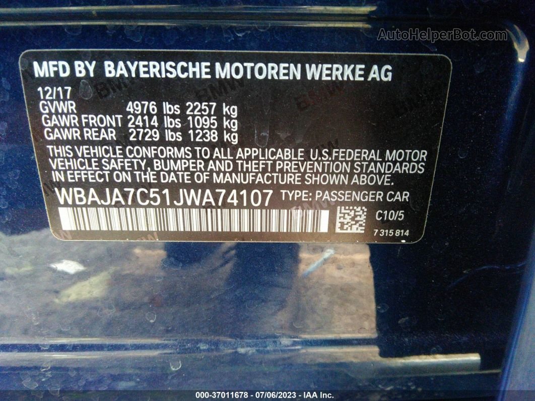 2018 Bmw 5 Series 530i Xdrive Blue vin: WBAJA7C51JWA74107