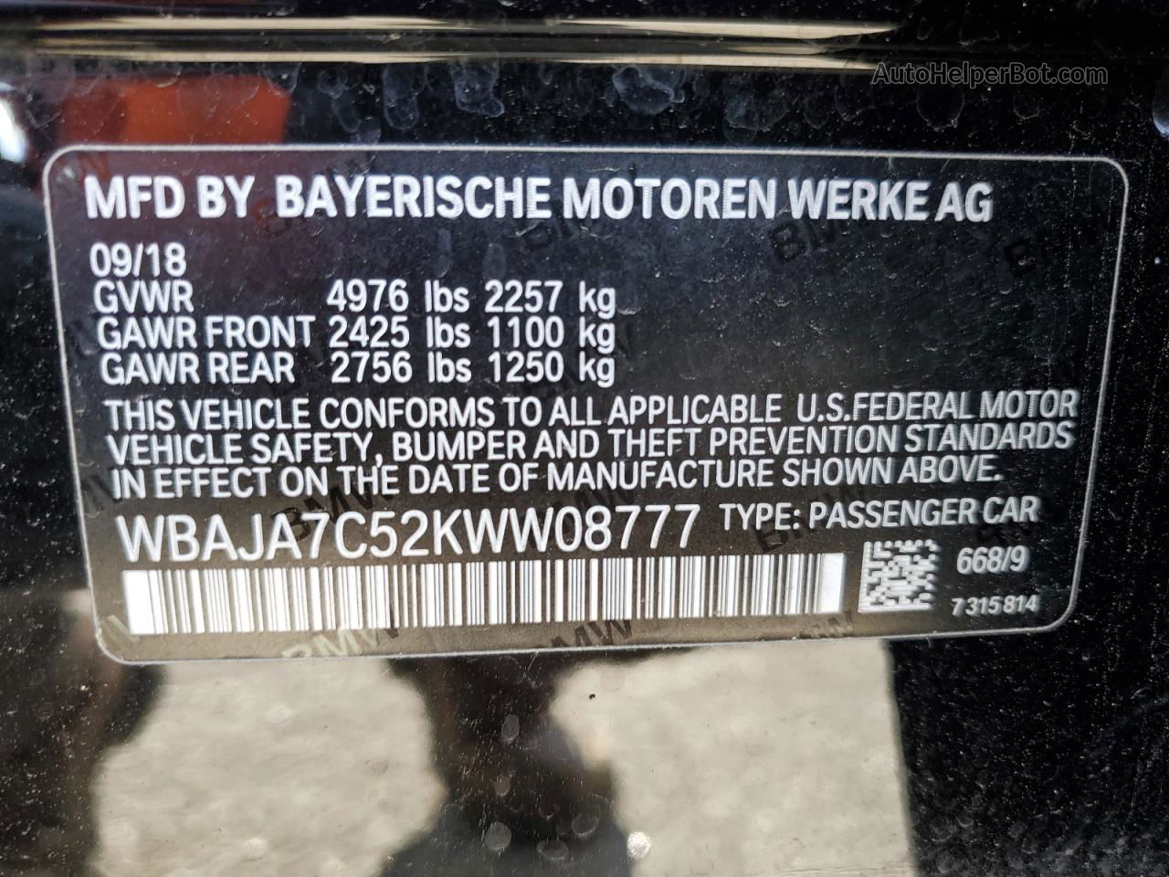 2019 Bmw 530 Xi Black vin: WBAJA7C52KWW08777