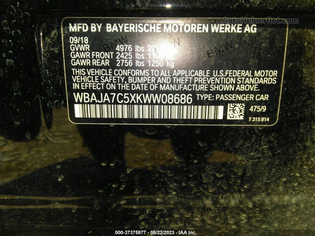 2019 Bmw 5 Series 530i Xdrive Черный vin: WBAJA7C5XKWW08686